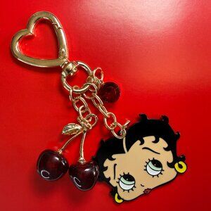 Betty Boop Cherry Head Keychain with Gold Heart Clasp & Red Crystal Charm NWT